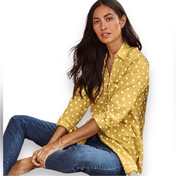 J. Jill Relaxed One Pocket Shirt Yellow with White Polka Dots Size Large - Picture 7 of 7